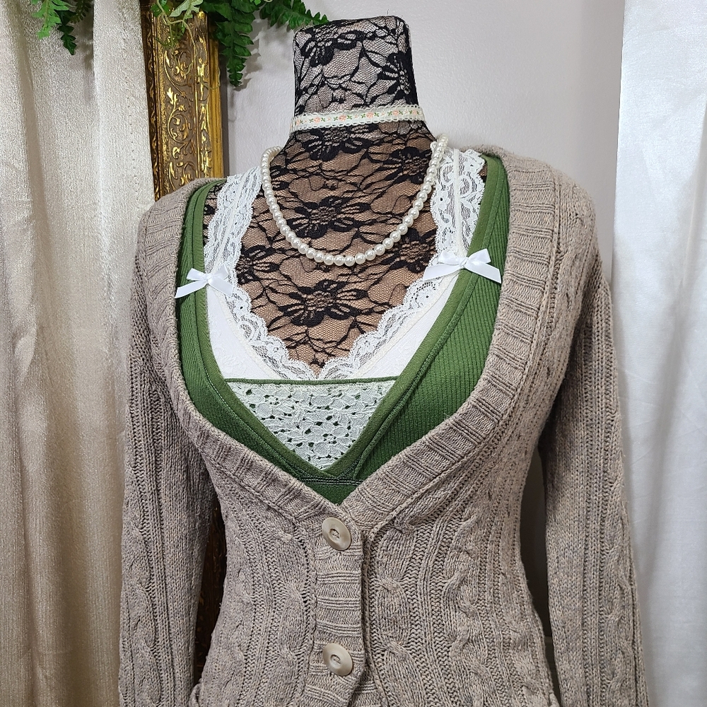 ♡ Y2K ♡ Abercrombie Beige Brown Cableknit Rabbit Hair Babydoll Cardigan Sweater - Picture 2 of 10